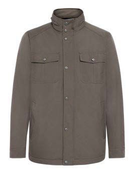 Graue Herrenjacke mit Stehkragen, zwei Brusttaschen und Knopfleiste.