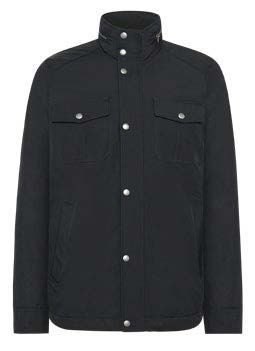 Schwarze Herrenjacke mit Knopfleiste, zwei Brusttaschen und Stehkragen.