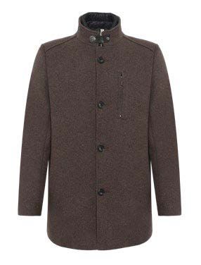Brauner, geknöpfter Herrenmantel mit Stehkragen.