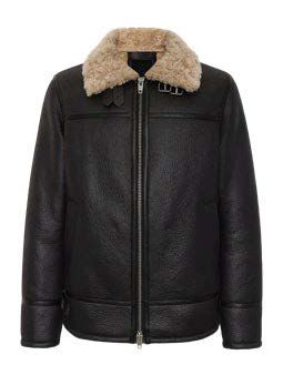 Schwarze Lederjacke mit Shearling-Futter, beigefarbenem Pelzkragen und Reißverschluss.