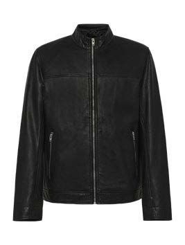 Schwarze Lederjacke mit Reißverschluss und zwei Vordertaschen.