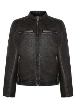 Schwarze Lederjacke mit Reißverschluss.