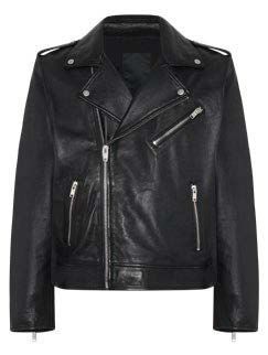 Schwarze Motorradjacke aus Leder mit asymmetrischem Reißverschluss und silberfarbenen Beschlägen.