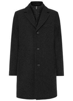 Schwarzer Wollmantel mit drei Knöpfen und einem darunter sichtbaren Reißverschluss.