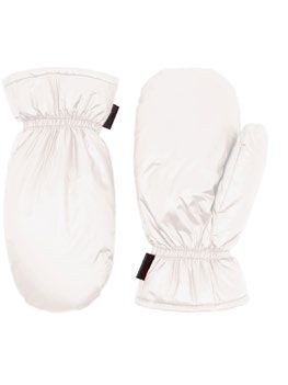 Weiße, voluminöse Fäustlinge mit elastischen Bündchen und schwarzen Etiketten.