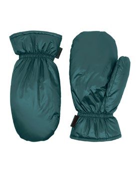 Türkisfarbene Fäustlinge mit elastischen Bündchen liegen flach vor einem weißen Hintergrund.