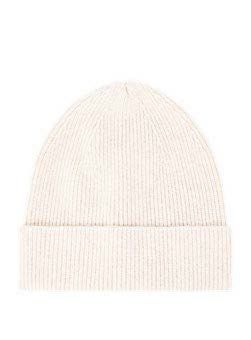 Cremefarbene, gerippte Strickmütze mit umgeschlagenem Rand.