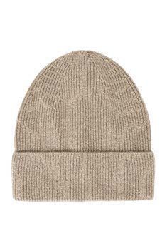 Beige gerippte Strickmütze mit umgeschlagenem Rand.