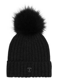 Schwarze, gerippte Strickmütze mit großem schwarzem Fellbommel.