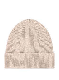 Beige gerippte Strickmütze mit umgeschlagenem Rand.
