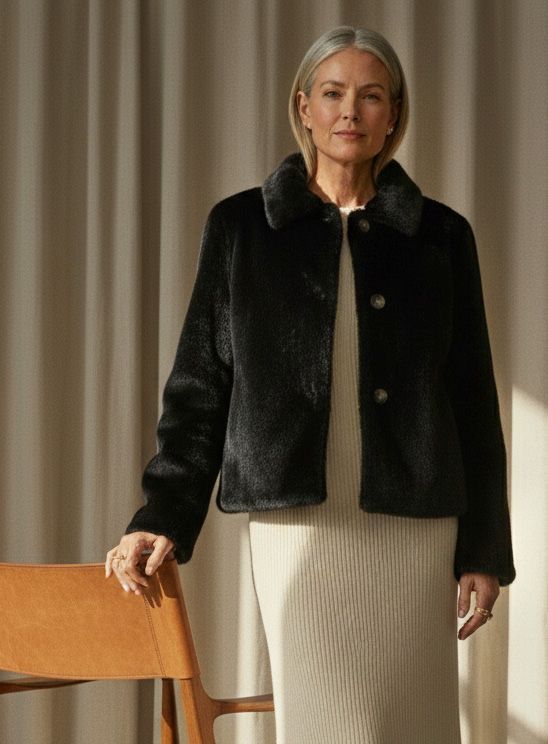 Frau in schwarzer Kunstpelzjacke und cremefarbenem Kleid steht neben einem Holzstuhl.