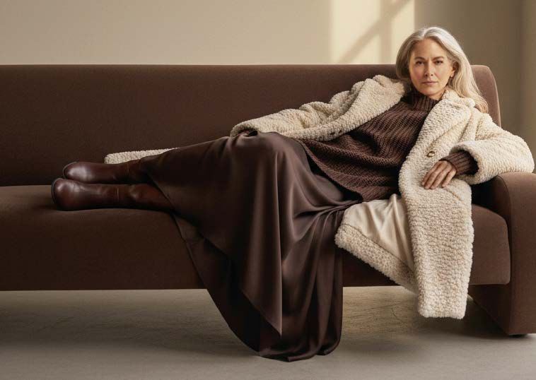 Frau in braunem Outfit und cremefarbenem Mantel, die auf einem braunen Sofa lümmelt.