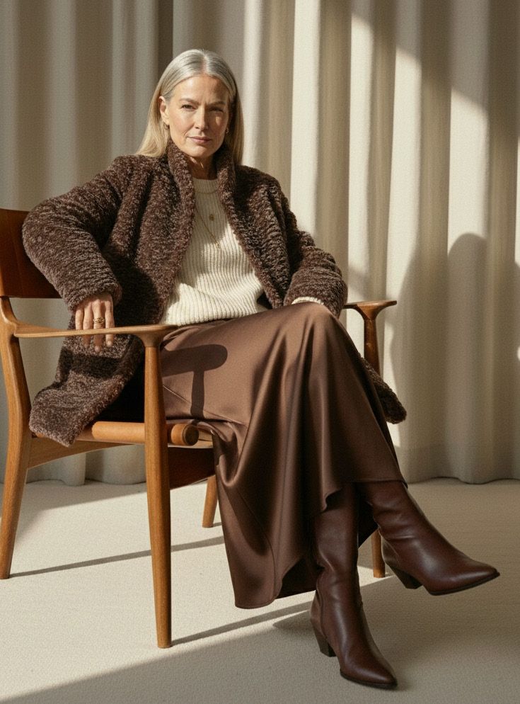 Eine Frau in braunem Mantel, Rock und Stiefeln sitzt auf einem Holzstuhl und schaut den Betrachter an.