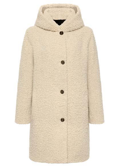 Beigefarbener Kapuzenmantel im Teddybär-Stil mit drei Knöpfen.