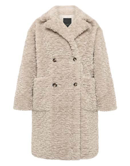 Beigefarbener Teddybärmantel, zweireihig mit großem Revers und zwei Taschen.