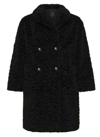 Schwarzer, flauschiger, zweireihiger Mantel mit goldenen Knöpfen, großem Kragen und Taschen.