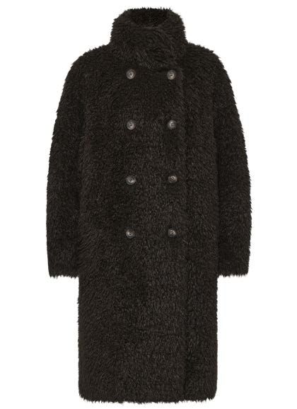 Schwarzer, flauschiger, zweireihiger Mantel mit hohem Kragen.