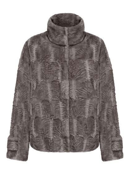 Graue Kunstpelzjacke mit hohem Kragen und Manschettendetails.