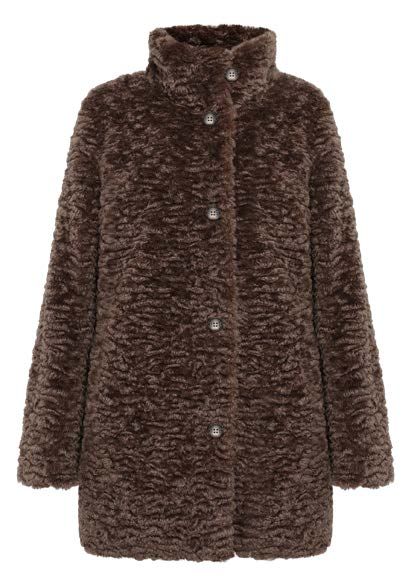 Brauner Kunstpelzmantel mit hohem Kragen und Knopfverschluss.