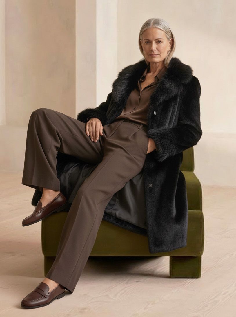 Frau in schwarzem Kunstpelzmantel, brauner Hose und Slippern sitzt auf einem grünen Stuhl.