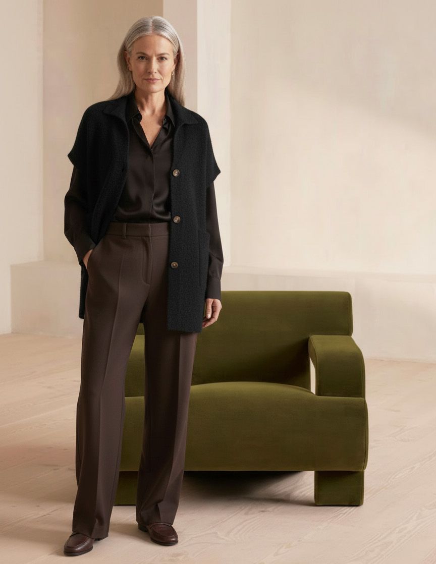 Eine Frau in dunkler Kleidung steht neben einem grünen Sessel in einem neutralen Raum.