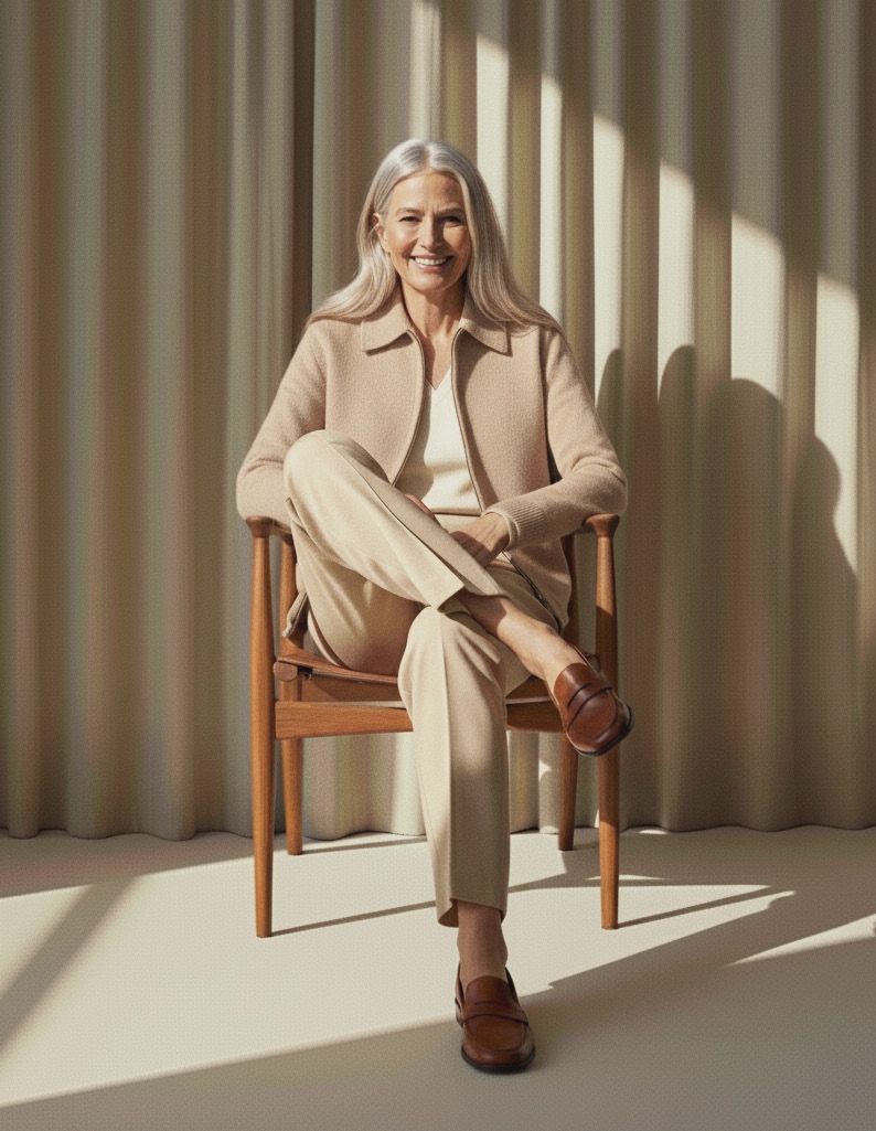 Frau in beigefarbener Kleidung sitzt lächelnd. Beige Vorhänge im Hintergrund, Holzstuhl, sanftes Licht.