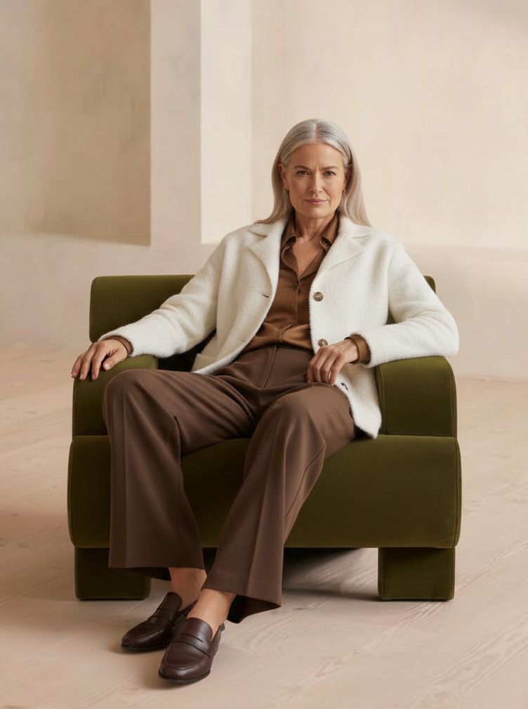 Eine Frau in braunem Outfit und weißer Jacke sitzt auf einem grünen Stuhl.