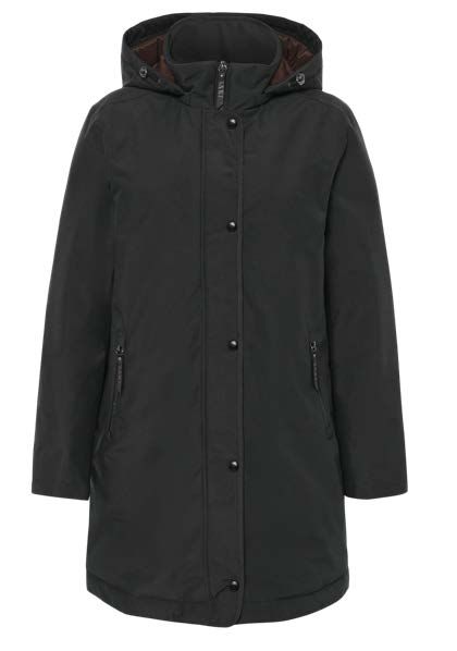 Schwarzer Damen-Wintermantel mit Kapuze, Knöpfen und Seitentaschen.