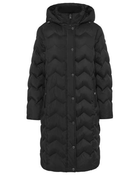 Schwarzer, langer Daunenmantel mit Kapuze, Chevron-Steppung und Knopfverschluss.