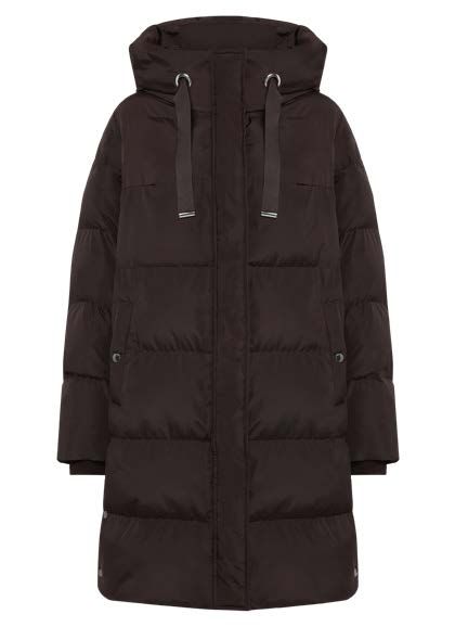 Dunkelbrauner, langer Daunenmantel mit Kapuze und Kordelzug.