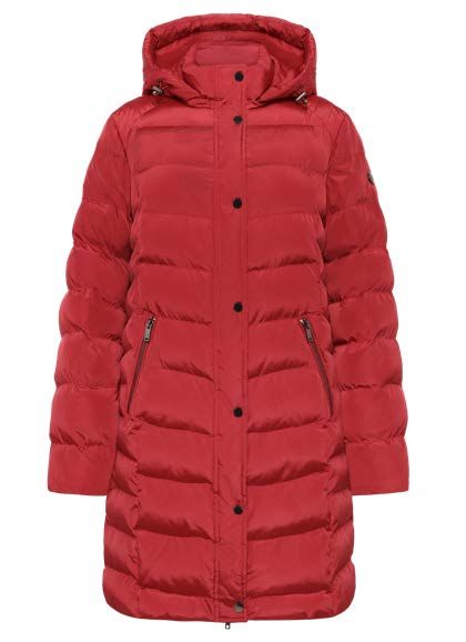 Roter, gesteppter Wintermantel mit Kapuze, schwarzen Knöpfen und Taschen.