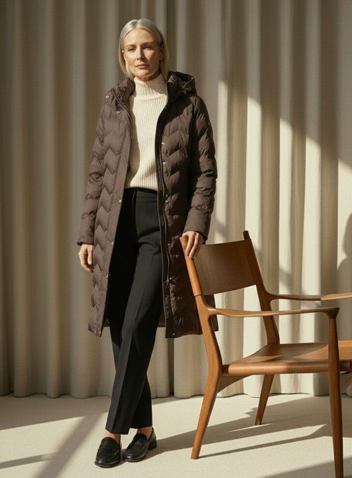 Frau in braunem Mantel und schwarzer Hose, die neben einem Holzstuhl und Vorhängen steht.