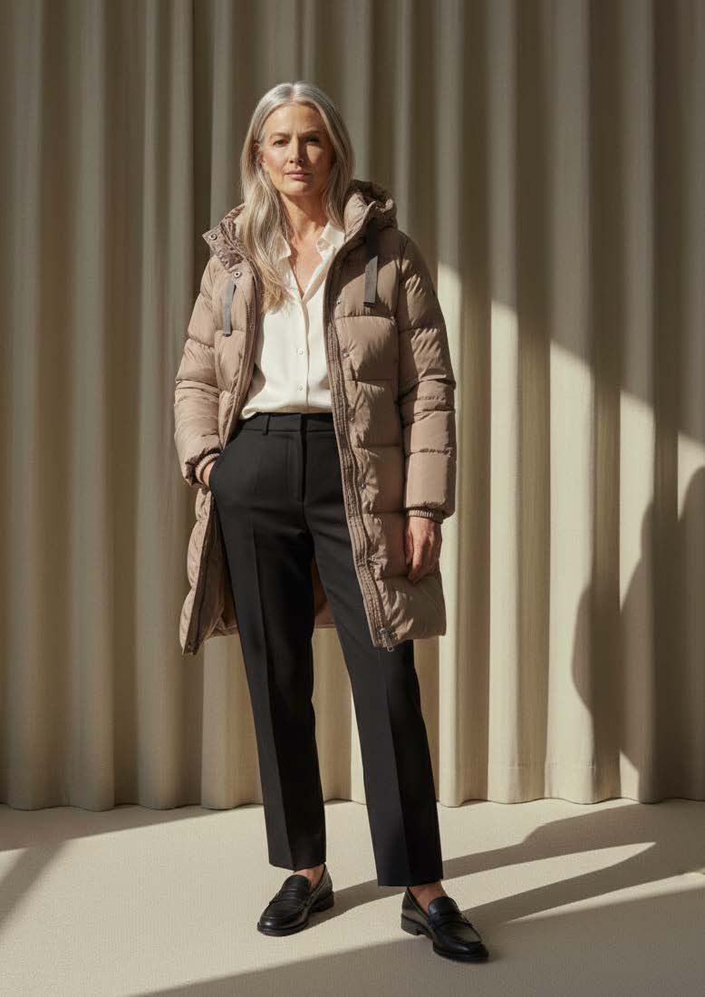 Frau in beigem Daunenmantel, schwarzer Hose und Slippern steht vor Vorhängen.