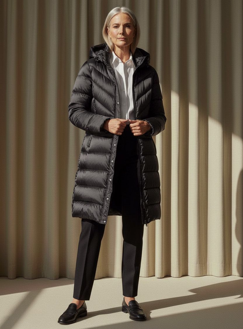 Frau in schwarzem Daunenmantel, weißem Hemd und schwarzer Hose, die an einem Vorhang steht.