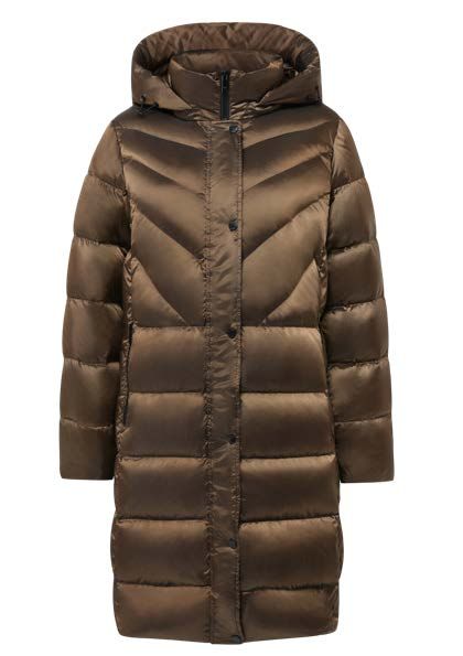 Brauner, langer Daunenmantel mit Kapuze und Knopfverschluss.