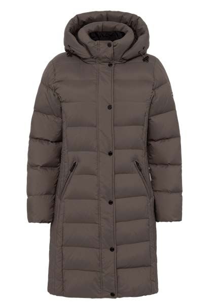Brauner, knielanger Steppmantel mit Kapuze und Knopfverschluss.