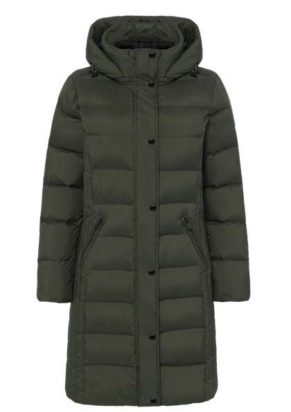 Olivgrüner, mittellanger Steppmantel mit Kapuze und Knopfverschluss.