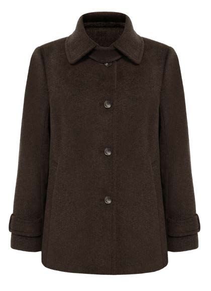 Brauner Wollmantel mit Knopfverschluss und Reverskragen.