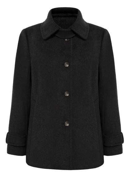 Schwarzer Wollmantel mit Knöpfen, Kragen und umgeschlagenen Ärmelbündchen.