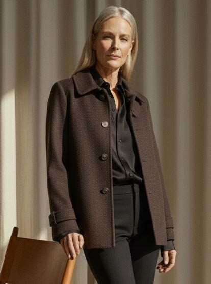 Frau in brauner Jacke und schwarzem Hemd. Steht in einem Innenraum vor neutralem Hintergrund.