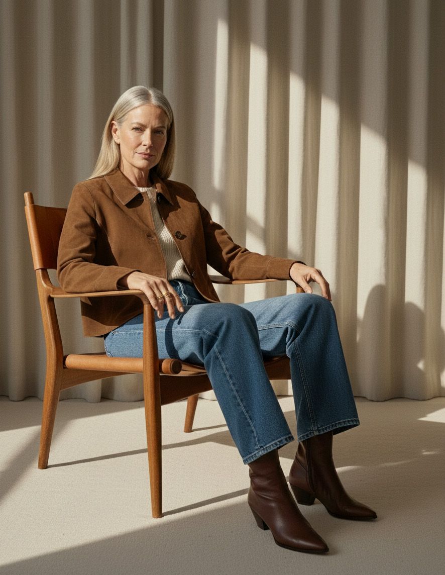 Frau in brauner Jacke und Jeans sitzt auf einem Holzstuhl.