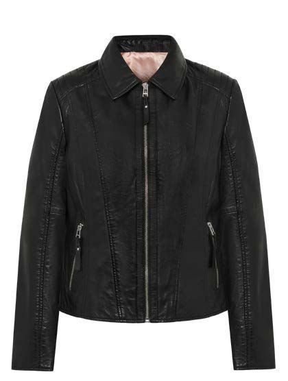 Schwarze Lederjacke mit Kragen und Reißverschluss.