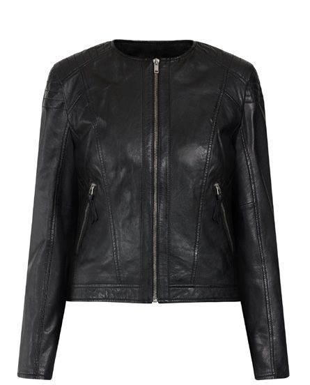 Schwarze Lederjacke mit Rundkragen und Reißverschluss.