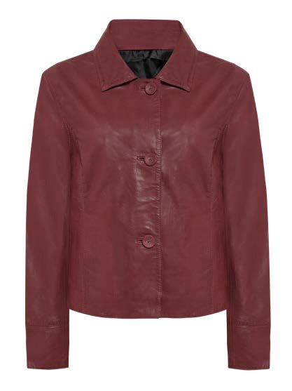 Burgunderfarbene Lederjacke mit drei Knöpfen und Kragen.