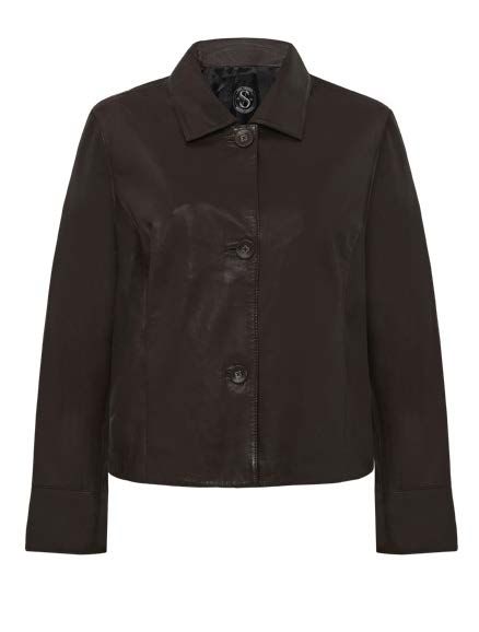 Braune Lederjacke mit Kragen und Knopfverschluss.