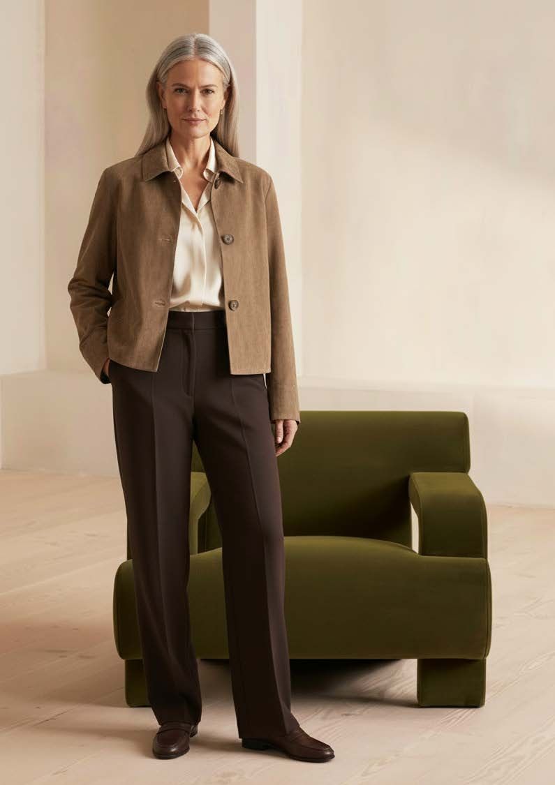 Frau in brauner Kleidung steht neben einem grünen Stuhl.