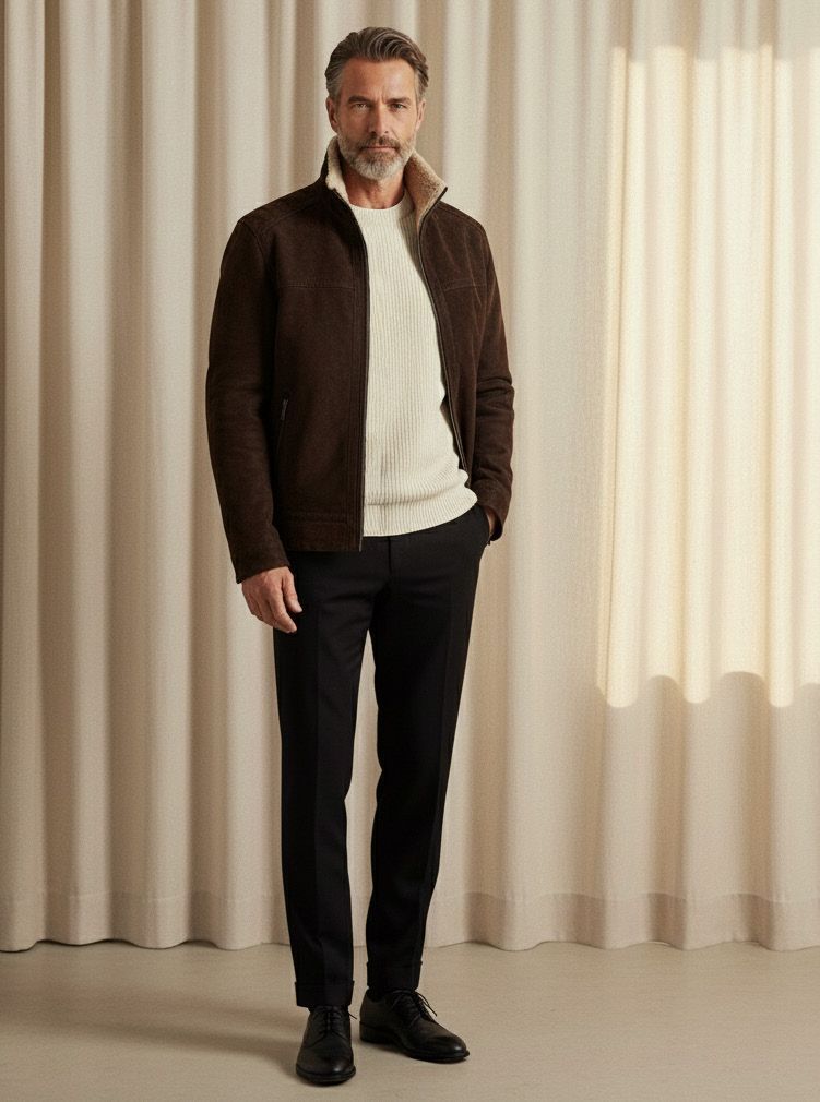 Mann in brauner Wildlederjacke, weißem Pullover, schwarzer Hose und schwarzen Stiefeln. Steht neben beigen Vorhängen.