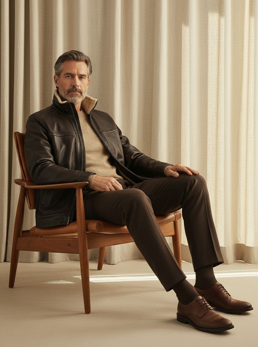 Mann in Lederjacke und brauner Hose, sitzt in einem Holzstuhl, in einem Innenraum.