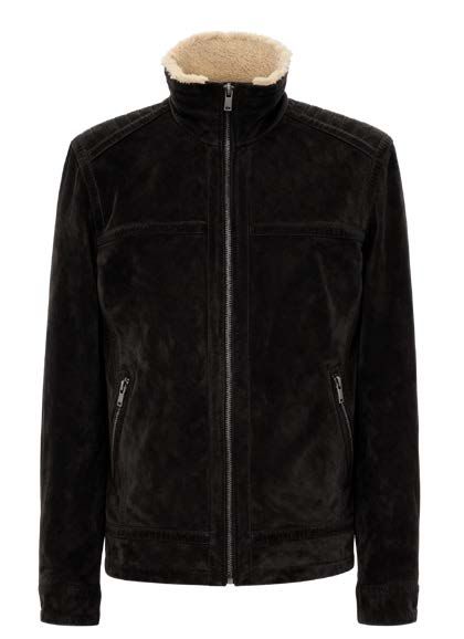 Schwarze Wildlederjacke mit hellbraunem Pelzkragen.