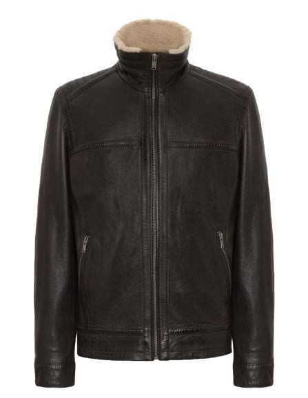 Dunkelbraune Lederjacke mit hellbraunem Kunstpelzkragen und Reißverschluss vorne.